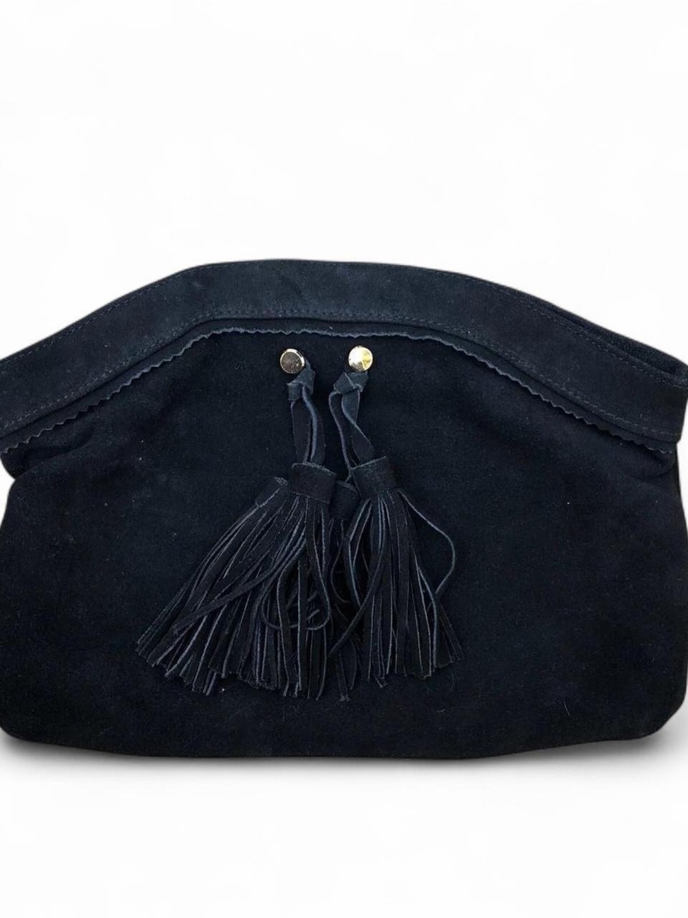 Mossimo black suede clutch evening glam party hand bag purse tassels polka dot